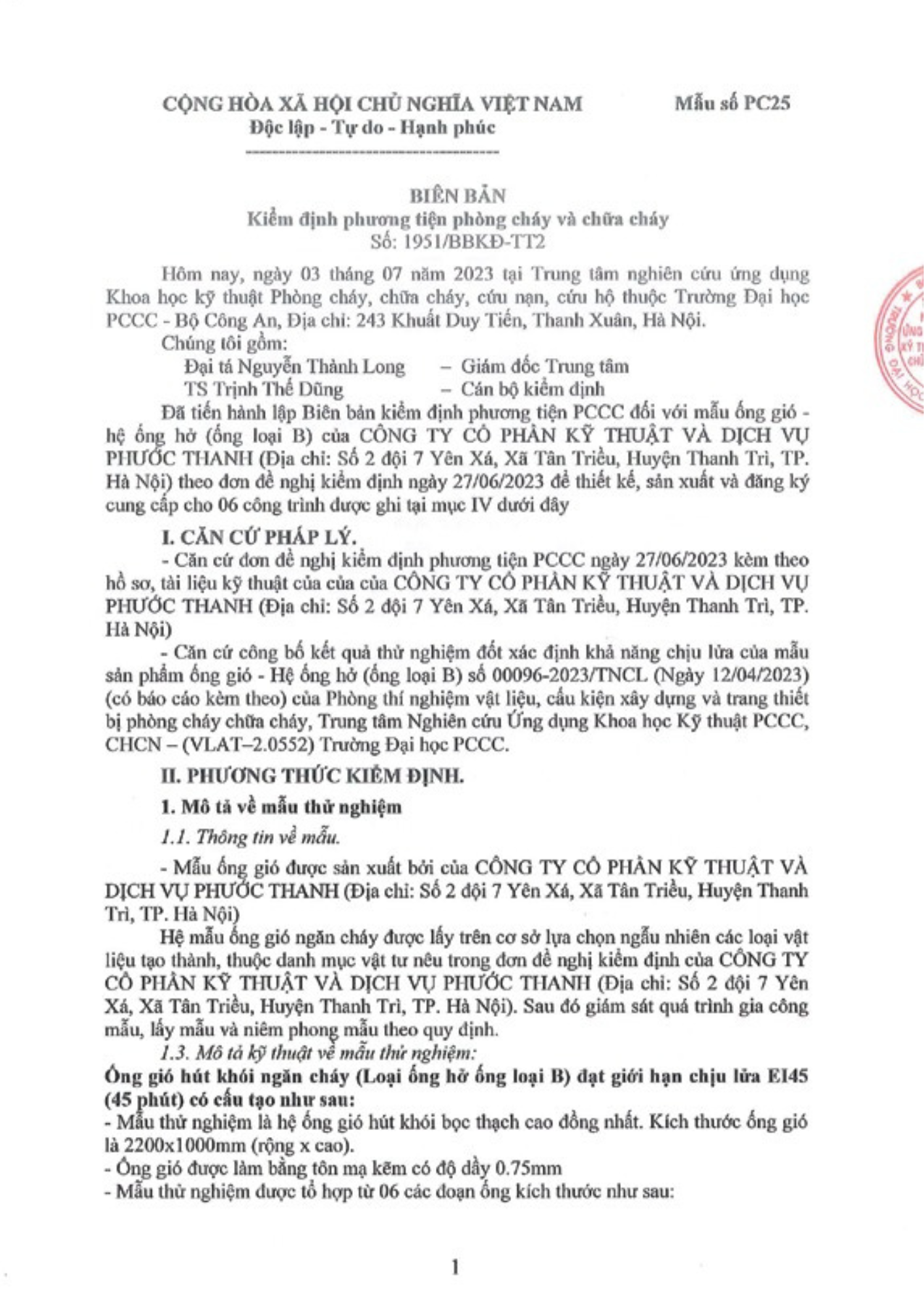Kiểm định ống gió chống cháy Phước Thanh